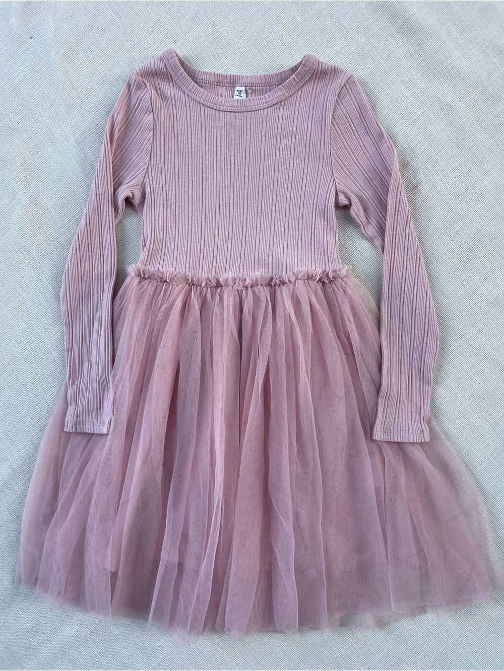 Long Sleeve Ribbed Bodice Tulle Skirt Dress - Dusty Pink